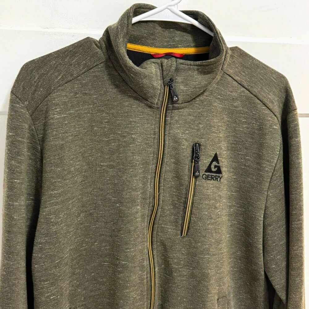 Gerry Mens Medium Green Heathered Full Zip Fleece Jacket Mock Neck Outdoor Warm